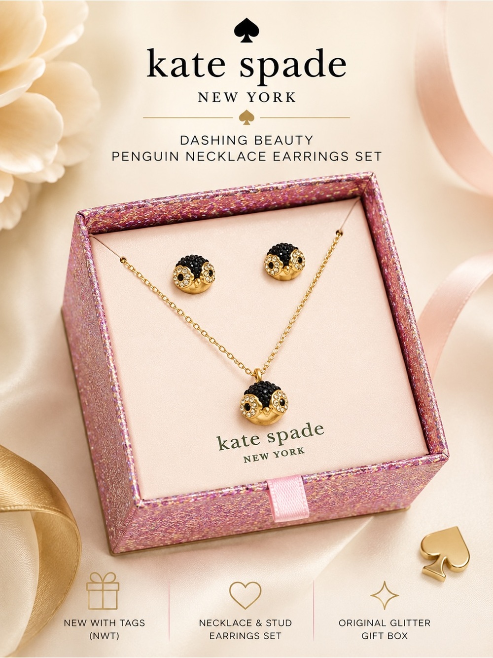 Kate Spade Dashing Beauty Penguin Necklace Earrings Set NWT